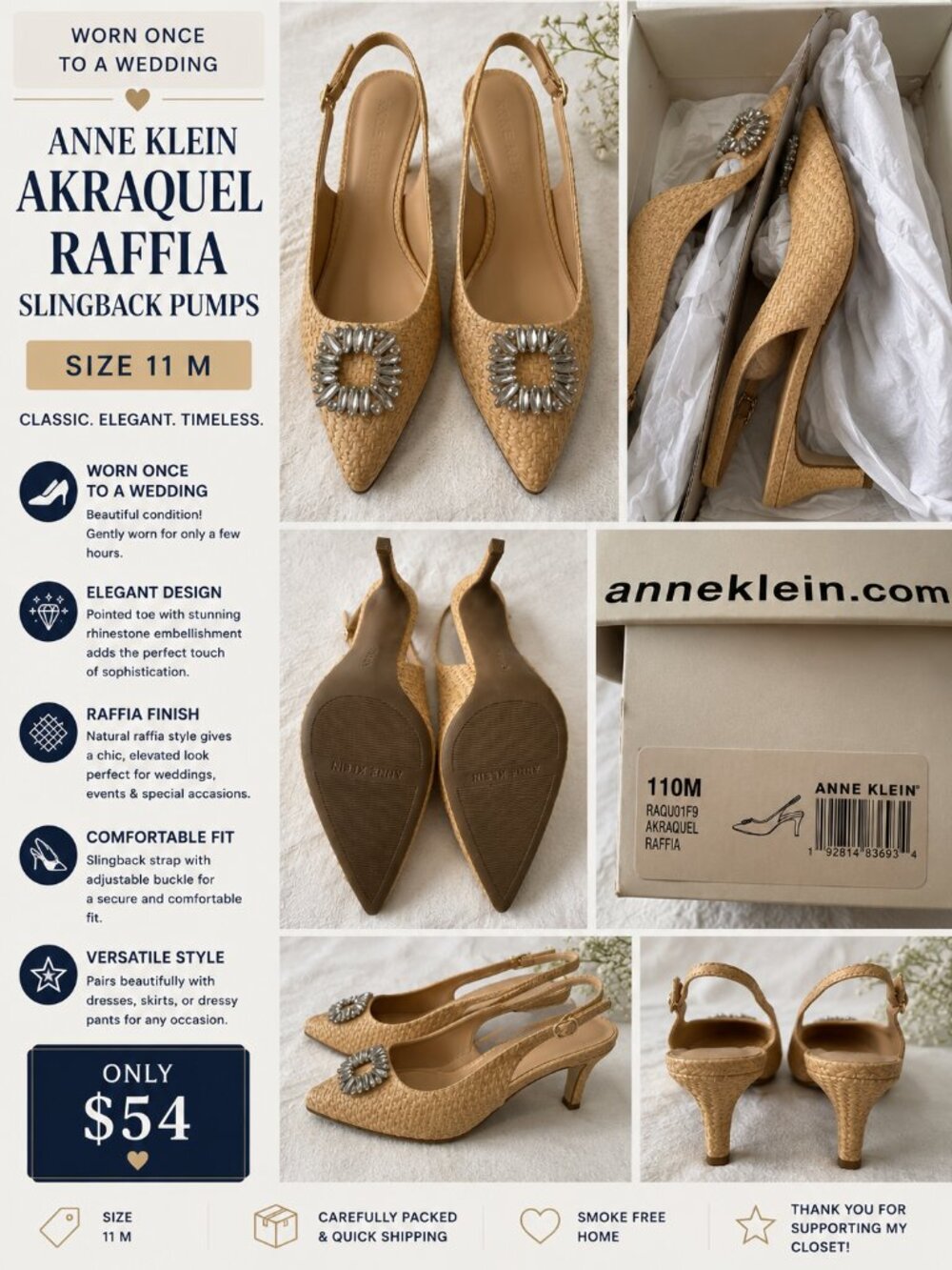 Anne Klein Raffia Slingback Crystal Pointed Toe Heels Size 11M